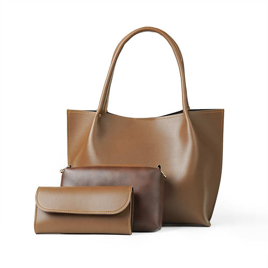 Plain Tote Set of 3 Bag Brown