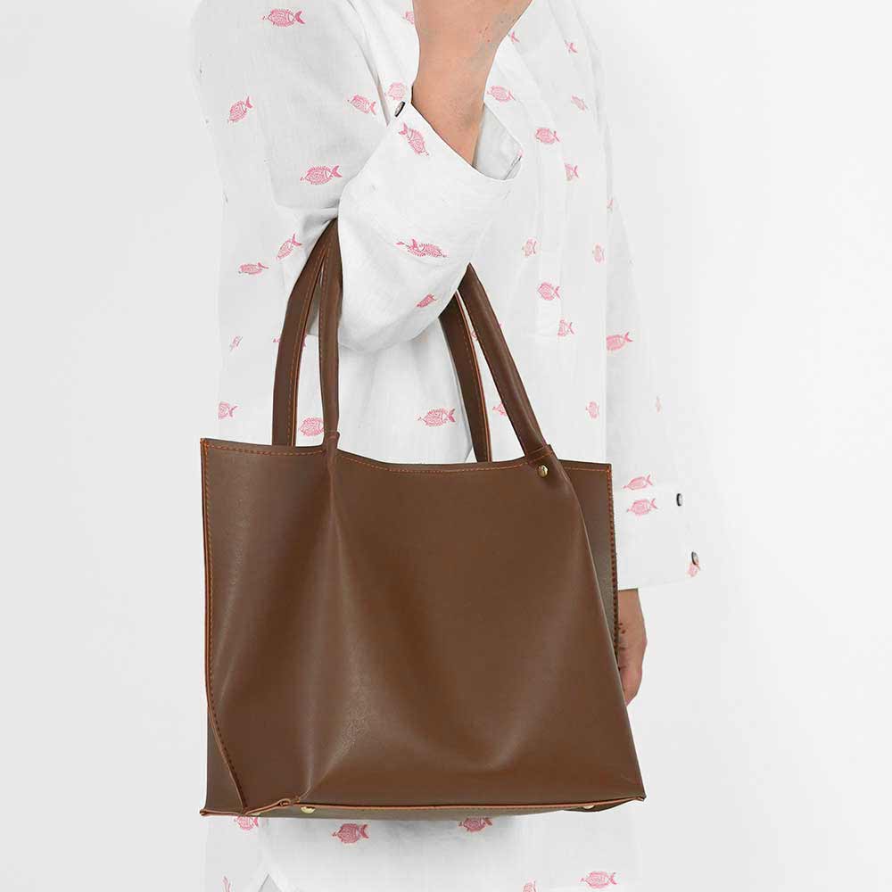 Plain Tote Set of 3 Bag Brown